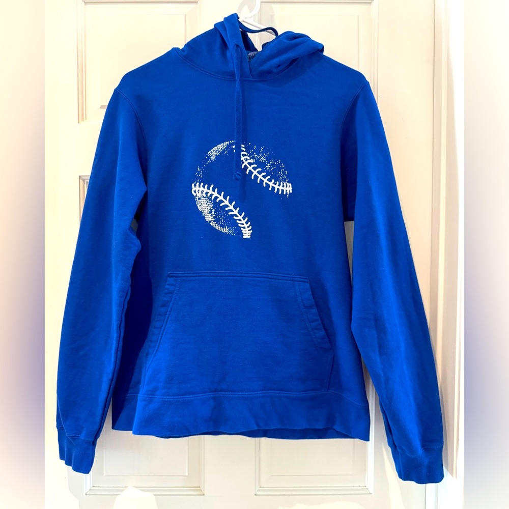 Port & Company Baseball Hoodie Blue - Men’s Small Pullover Sweatshirt